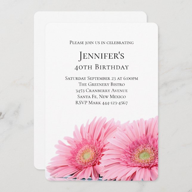 Pink Gerbera Daisies Elegant Photo Birthday Invitation (Front/Back)