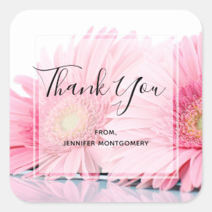 Pink Gerbera Daisies Elegant Photo Thank You Square Sticker
