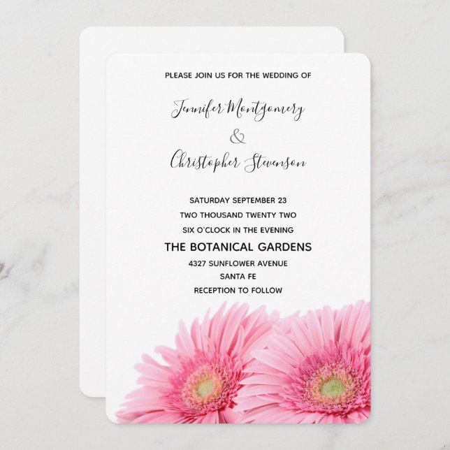 Pink Gerbera Daisies Elegant Photo Wedding Invitation (Front/Back)