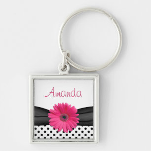 Pink Gerbera Daisy Black Polka Dot Custom Name Key Ring