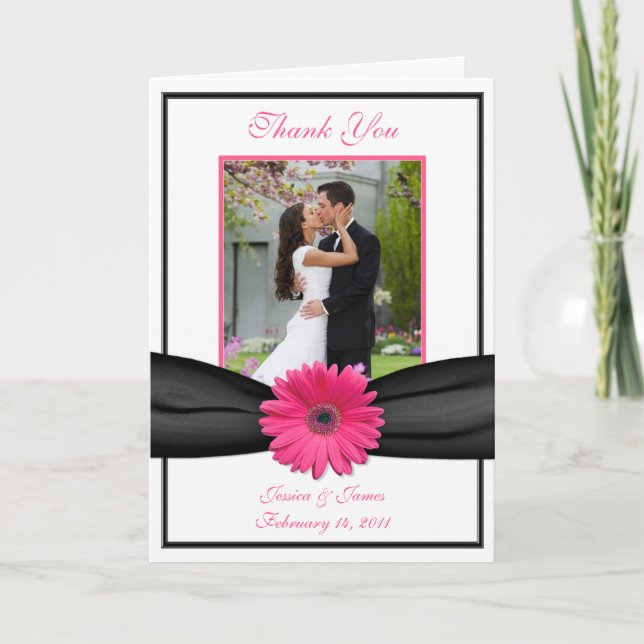 Pink Gerbera Daisy Black Wedding Photo Thank You Card (Front)