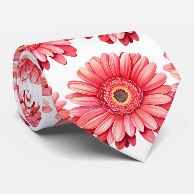Pink Gerbera Daisy Floral Flower Faux Silk Tie (Rolled)