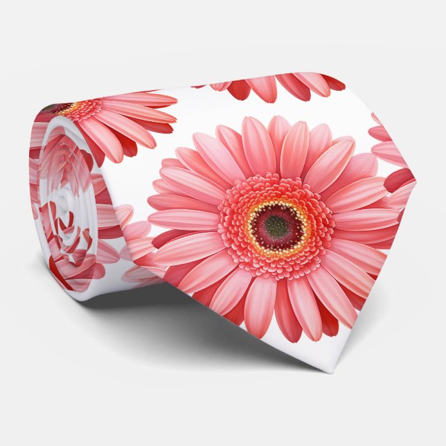 Pink Gerbera Daisy Floral Flower Faux Silk Tie (Rolled)