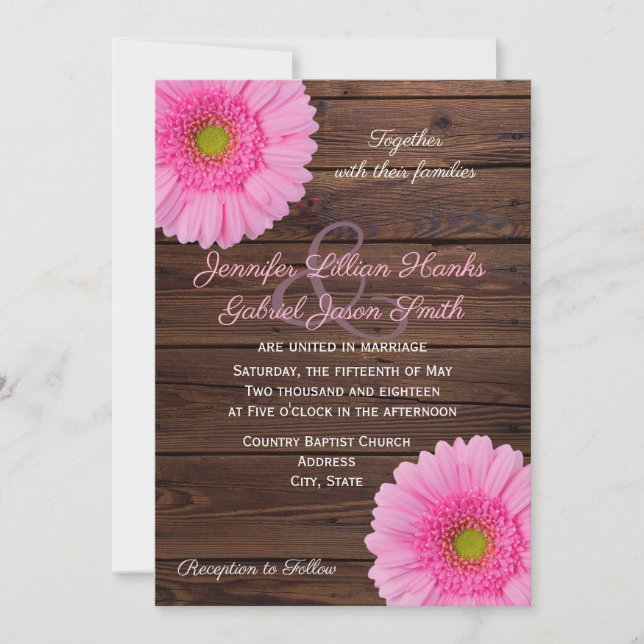 Pink gerbera daisy floral rustic wood wedding invitation (Front)