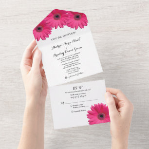 Pink Gerbera Daisy Floral Wedding RSVP All In One Invitation