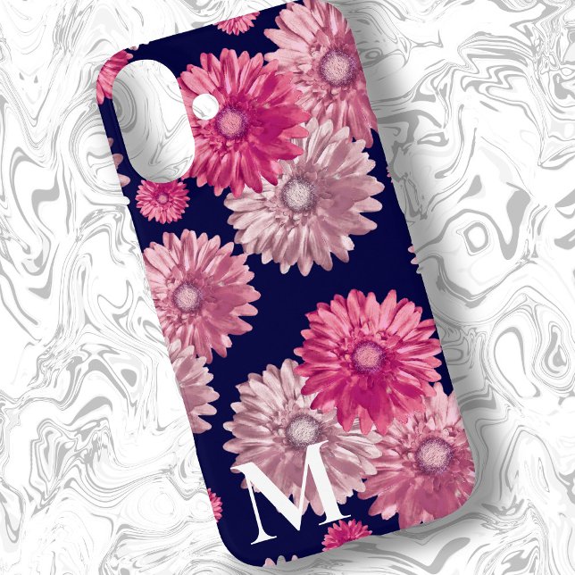 Pink Gerbera Daisy Flowers on Dark Blue Floral Case-Mate iPhone Case (Creator Uploaded)