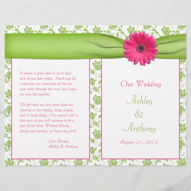 Pink Gerbera Daisy Green Floral Wedding Program (Front)