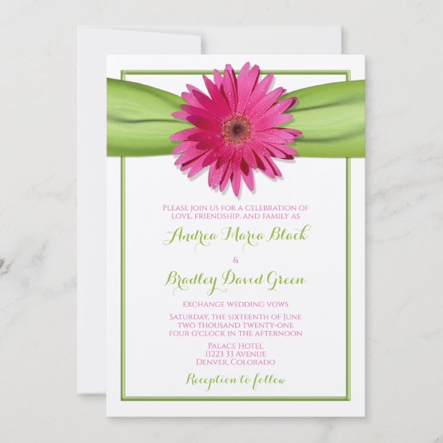 Pink Gerbera Daisy Green Ribbon Wedding Invitation (Front)
