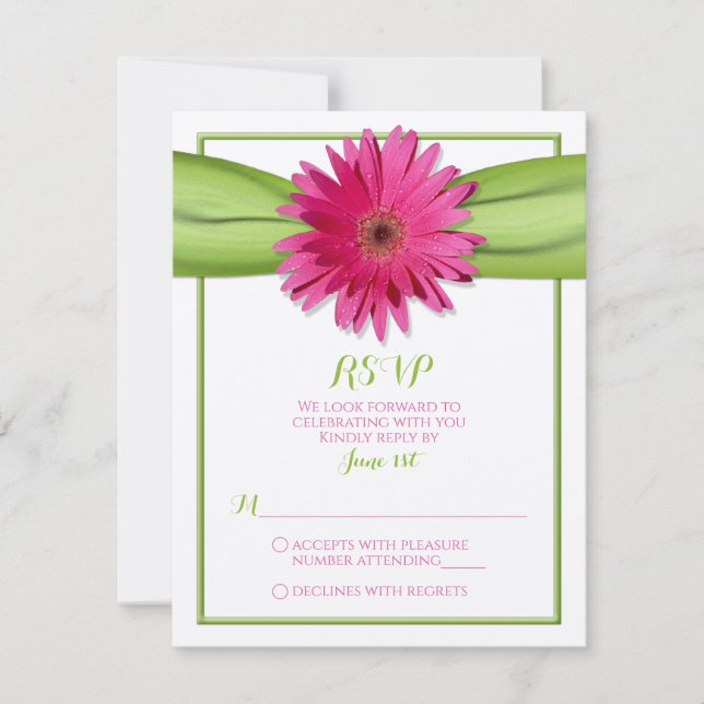 Pink Gerbera Daisy Green Ribbon Wedding RSVP Card (Front)