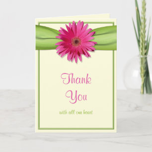Pink Gerbera Daisy Green Ribbon Wedding Thank You