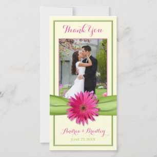 Pink Gerbera Daisy Green Ribbon Wedding Thank You Card
