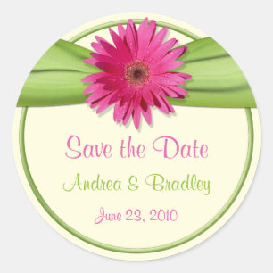 Pink Gerbera Daisy Green Wedding Save the Date Classic Round Sticker