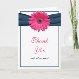 Pink Gerbera Daisy Navy Ribbon Wedding Thank You Card