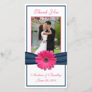 Pink Gerbera Daisy Navy Ribbon Wedding Thank You Card