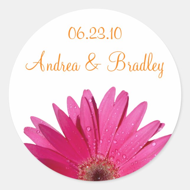 Pink Gerbera Daisy Orange Personalised Wedding Classic Round Sticker (Front)