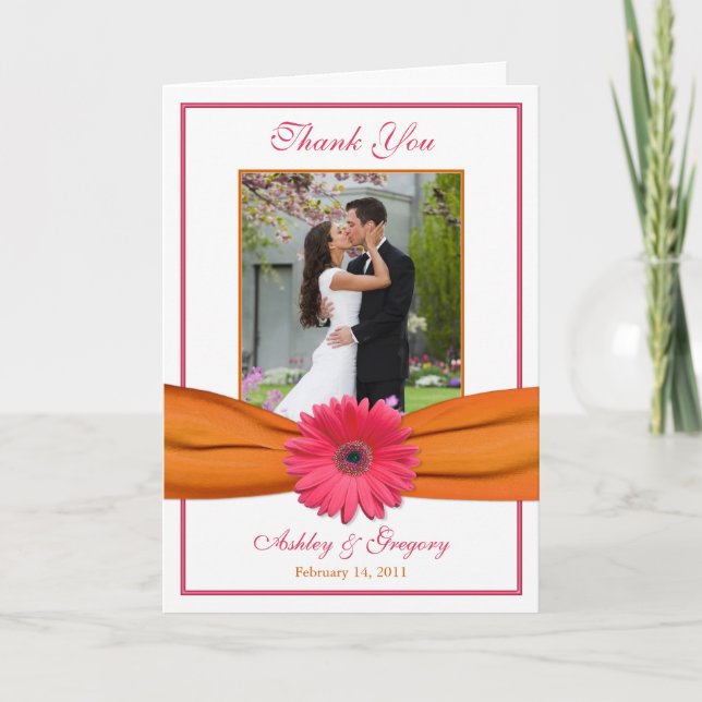 Pink Gerbera Daisy Orange Photo Wedding Thank You Card (Front)