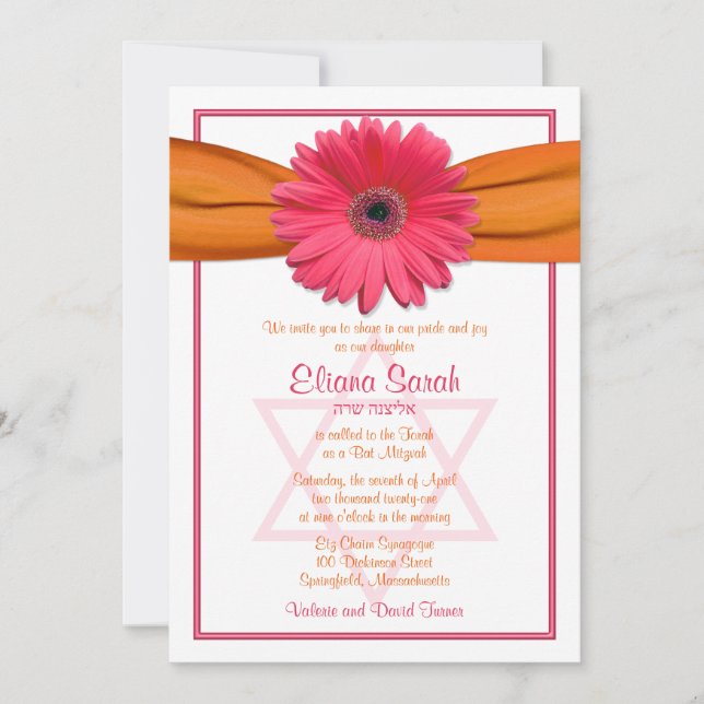 Pink Gerbera Daisy Orange Ribbon Bat Mitzvah Invitation (Front)