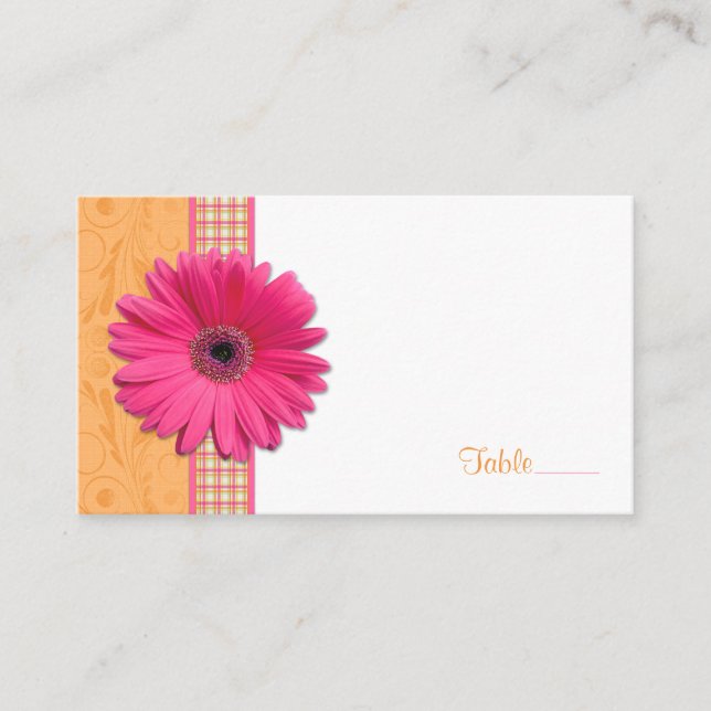 Pink Gerbera Daisy Plaid Ribbon Wedding Place Card (Front)