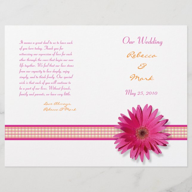 Pink Gerbera Daisy Plaid Ribbon Wedding Program (Front)