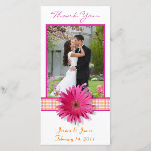 Pink Gerbera Daisy Plaid Ribbon Wedding Thank You