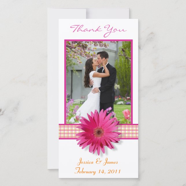 Pink Gerbera Daisy Plaid Ribbon Wedding Thank You Card (Front)