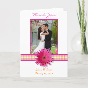 Pink Gerbera Daisy Plaid Wedding Photo Thank You Card