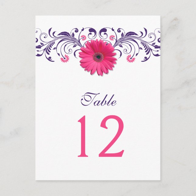 Pink Gerbera Daisy Purple Floral Table Number Card (Front)