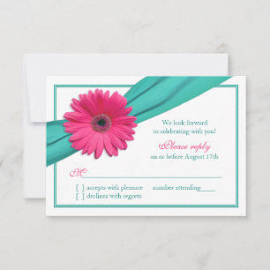 Pink Gerbera Daisy Turquoise Ribbon Wedding RSVP Card