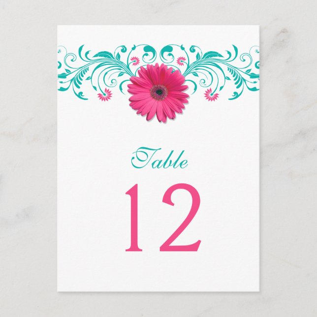 Pink Gerbera Daisy Turquoise Table Number Card (Front)