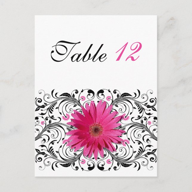 Pink Gerbera Daisy Wedding Table Number Card (Front)