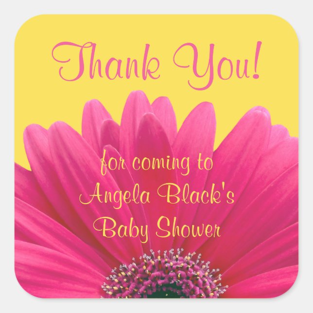 Pink Gerbera Daisy Yellow Baby Shower Thank You Square Sticker (Front)
