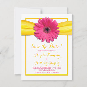 Pink Gerbera Daisy Yellow Ribbon Wedding Save The Date