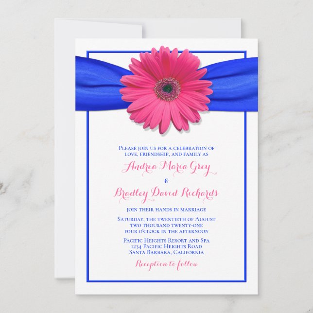 Pink Gerbera with Blue Satin Ribbon Invitation (Front)