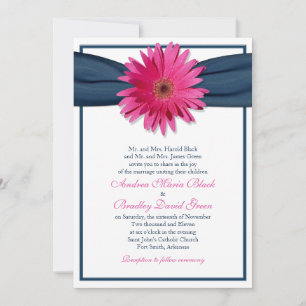 Pink Gerbera with Navy Blue Ribbon Invitation