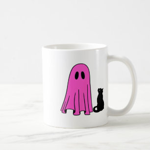 Pink Ghost And Black Cat Halloween Fall Season Coffee Mug