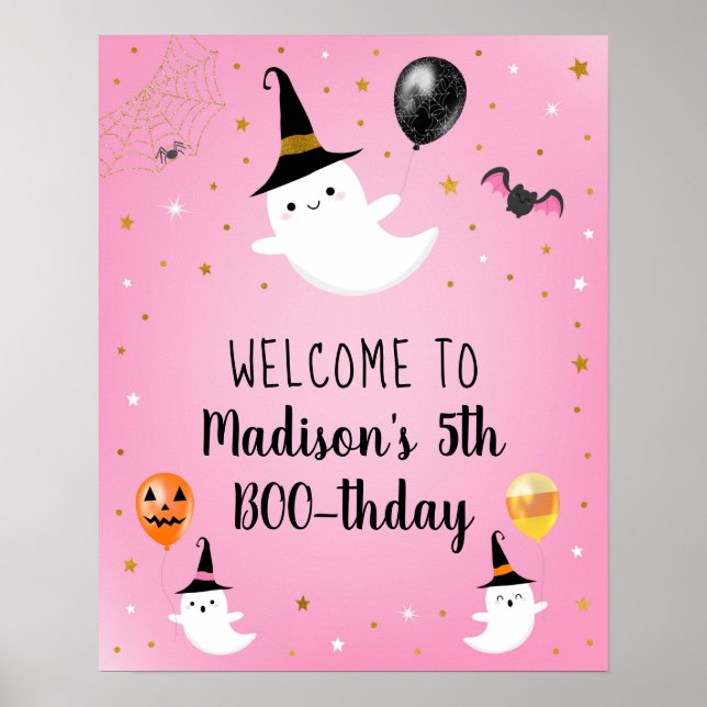 Pink Ghost BOO Halloween Birthday Welcome Poster (Front)