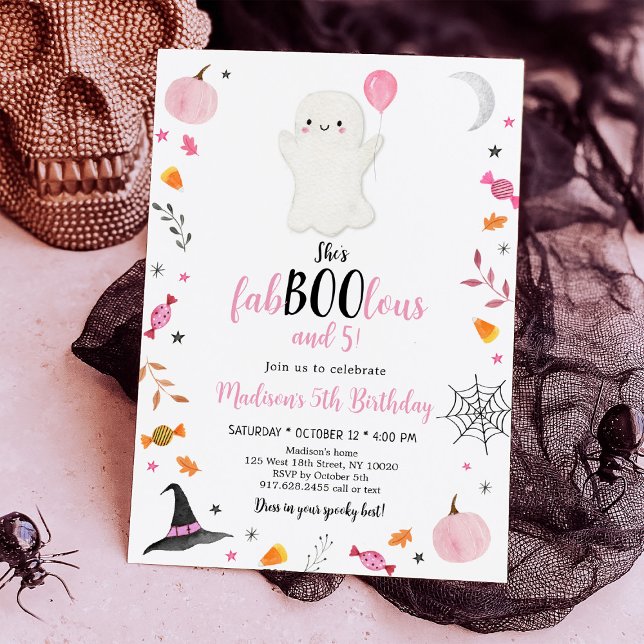 Pink Ghost Fab-boo-lous and Five Birthday Invitation (Creator Uploaded)