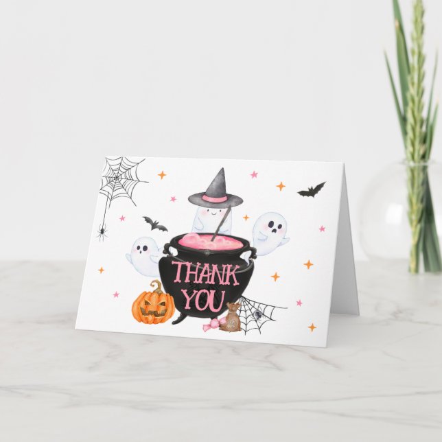 Pink Ghost Halloween Baby is Brewing Baby Shower Thank You Card (Front)