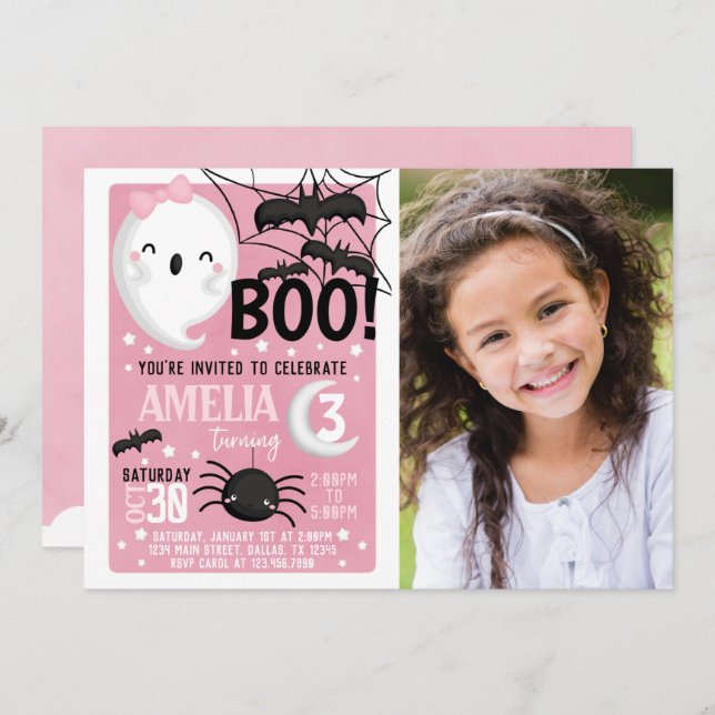 Pink Ghost Halloween Birthday Party Invitation (Front/Back)