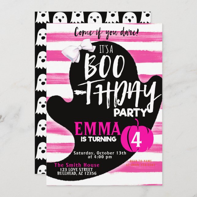 Pink Ghost Halloween Boothday Party Birthday Invitation (Front/Back)