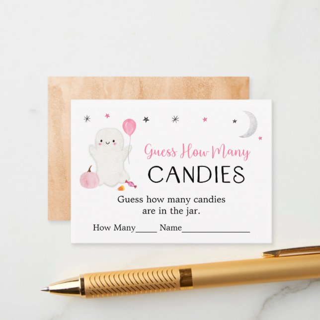 Pink Ghost Halloween Guess How Many Game Enclosure Card (Front/Back In Situ)