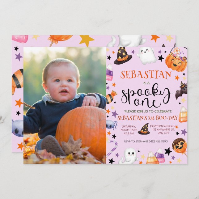 Pink Ghost Halloween Spooky One 1st Birthday Party Invitation (Front/Back)