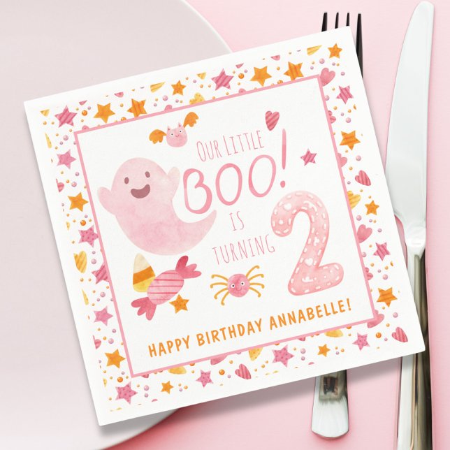 Pink Ghost Little Boo Turning Two 2nd Birthday Napkin (Creator Uploaded)