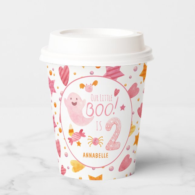 Pink Ghost Little Boo Turning Two 2nd Birthday Paper Cups (Front)