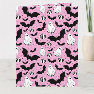 Pink ghosts, bats and pumpkins card