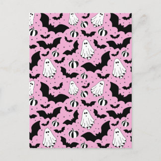 Pink ghosts, bats and pumpkins postcard
