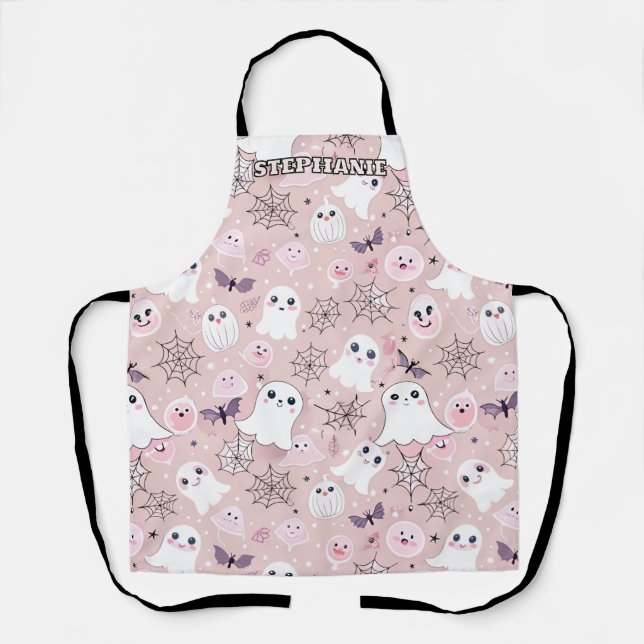 Pink Ghosts & Halloween Elements Seamless Pattern Apron (Front)