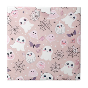 Pink Ghosts & Halloween Elements Seamless Pattern Ceramic Tile