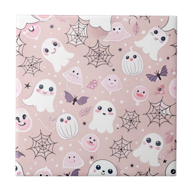 Pink Ghosts & Halloween Elements Seamless Pattern Ceramic Tile (Front)