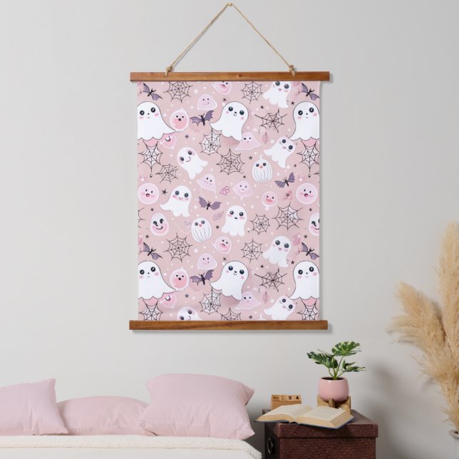 Pink Ghosts & Halloween Elements Seamless Pattern Hanging Tapestry (Bedroom)